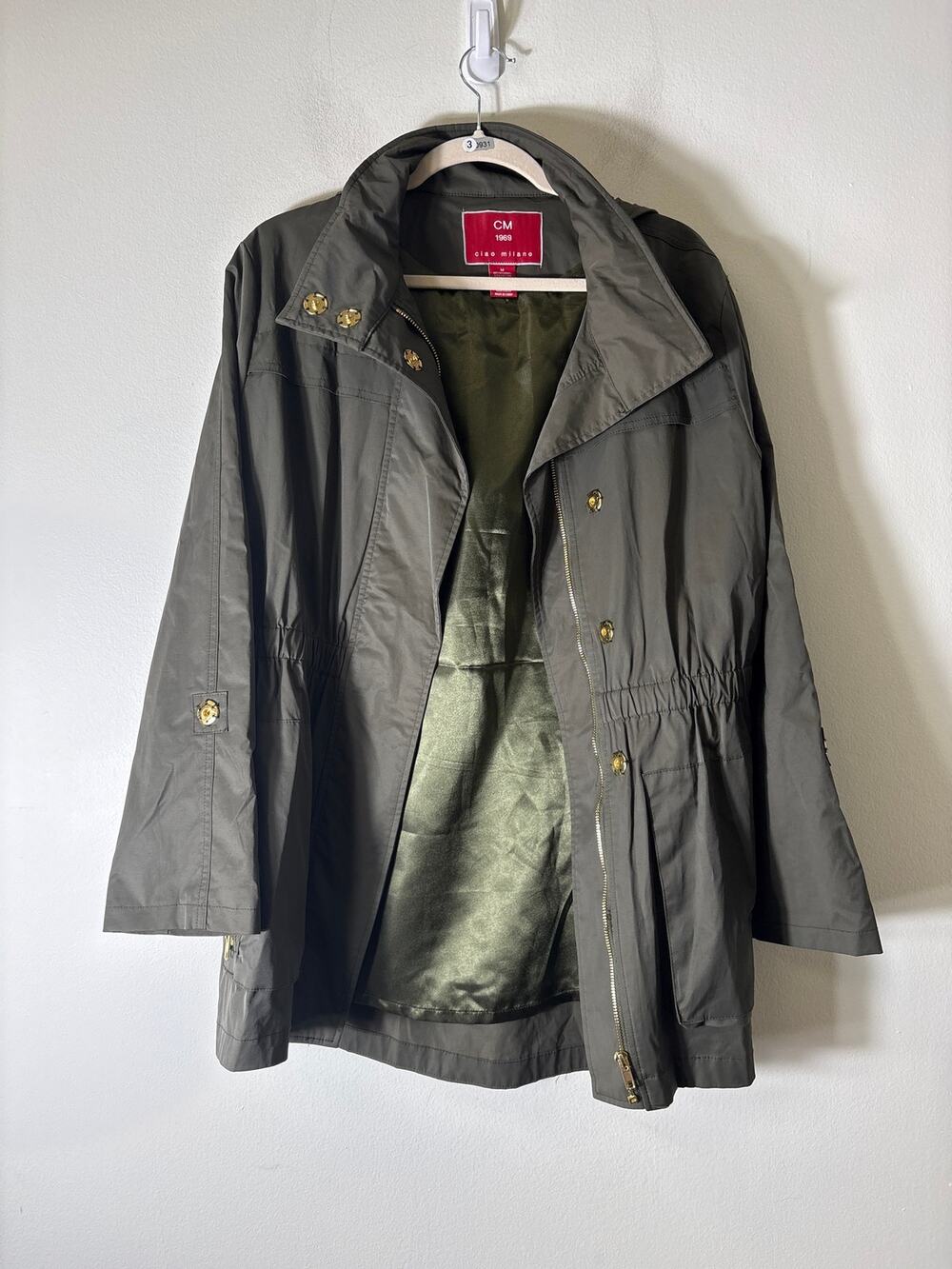 Ciao Milano Dark Gray Green Long Sleeve Hooded Rain Jacket Sz M